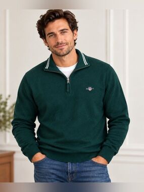 GANT Super Fine Lambswool Quarter Zip Sweater Men XL Green Quiet Luxury